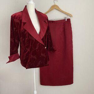 R&M Richards Womens 14 Red Velvet Glitter Top & Satin Skirt Set FLAWED
